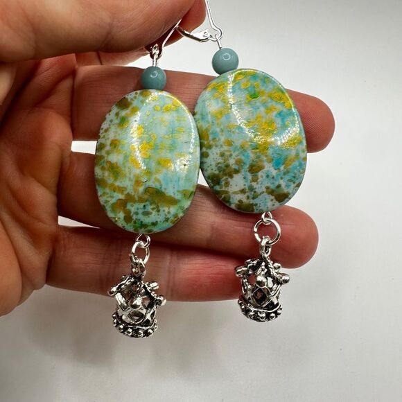 SALE! 3” dangle earrings with painted acrylic beads, stone, and crown charms! - Picture 10 of 13